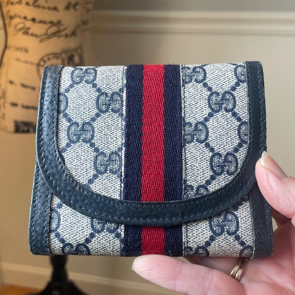Vintage GUCCI Blue Red Stripe SherryLine Trifold Wallet